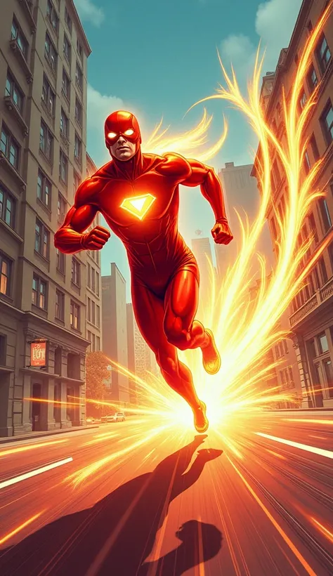  A fast runner in a bright red suit full of golden rays ,  running through a cityscape distorted by his speed!.  Lines of action and comic clouds in the shape of  "ZOOM !"  stretch behind him ,  as his face reflects comic surprise at how fast 