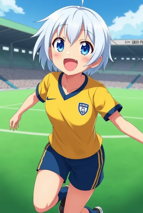 source_anime 1girl, short hair, blue eyes, white hair, open mouth, smile, raimon, raimon soccer uniform, sportswear, yellow shirt, blue shorts, 