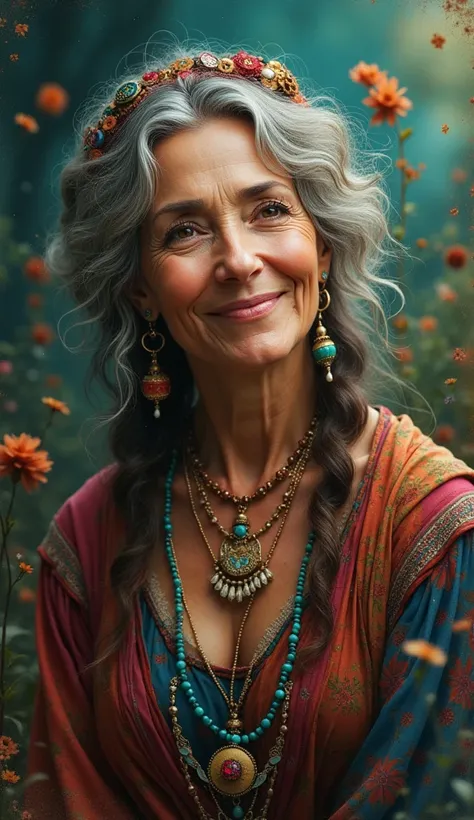  generate a middle-aged gypsy woman , portrait, Looking forward to the camera, ,  in a joyful mystical environment,  She must have her mouth shut , affectionate look, Wear jewelry and ornaments  