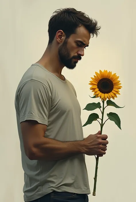 sad man holding sunflower only one hand with t shirt front side