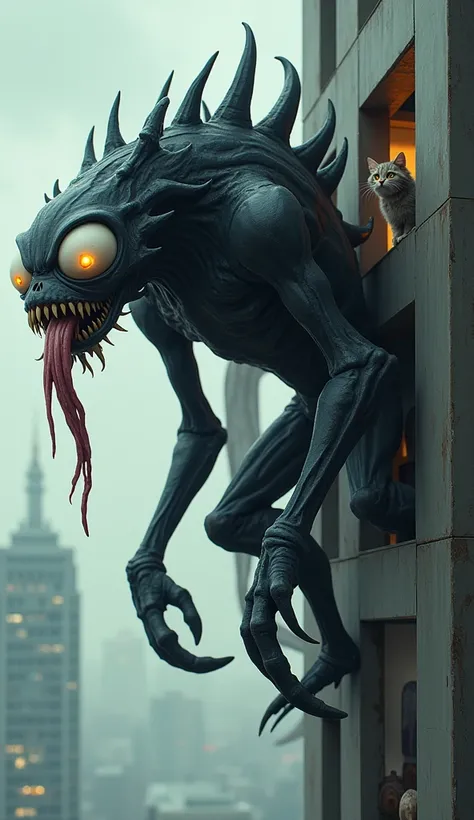  A symbiotic black being with sharp teeth ,  long tongue and huge white eyes .  He is climbing a building with shiny claws ,  while a cartoonish cat watches him with terror from a window. Viscous saliva hangs from his mouth ,  giving him a grotesque but fu...