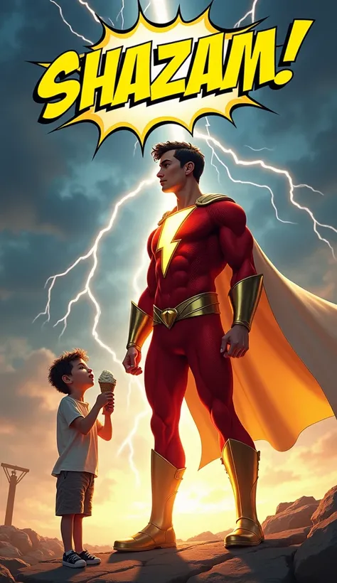  A young hero in a bright red suit with a golden lightning bolt on his chest!,  posing dramatically under a sky full of lightning .  A yellow comic shows  "SHAZAM !"  while a small boy next to him watches in amazement ,  eating an ice cream that is acciden...