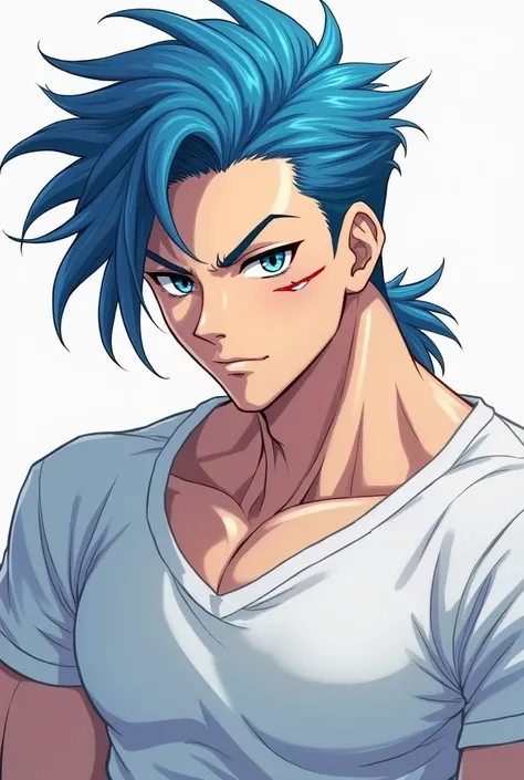  blue hair , blue-haired guy, muscles,  left cheek scar , sleek hair ,  blue eyes , black eyeball,  White shirt, 20 years, anime guy 