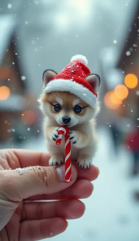 A playful miniature WOLF puppy balanced between thumb and forefinger, wearing a small Santa hat and holding a small candy cane .  The baby chicks fluffy feathers shine as soft snow falls on the blurry background of a snowy Christmas village.
Info
