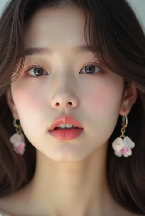 a close up of a woman with long hair and earrings, portrait jisoo blackpink, tzuyu from twice, portrait of jossi of blackpink, jinyoung shin, jisoo from blackpink, jisoo of blackpink, her face looks like an orchid, soft portrait shot 8 k, bae suzy, yanjun ...