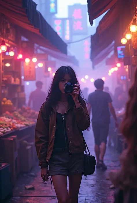  Market drifting and confusion, purple color effects, Girl taken pictures ,  high resolution, brain punk