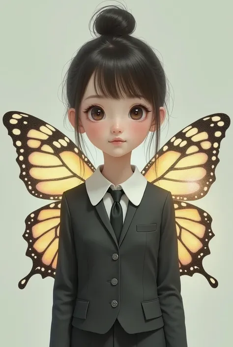  An armless girl with butterfly wings in a round ocollared suit,with a tie,with hair tied in a bun 