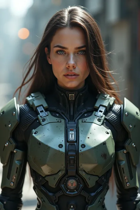 A female soldier , 25 ans,  brunette with blue eyes and long hair, In a robotic military suit  