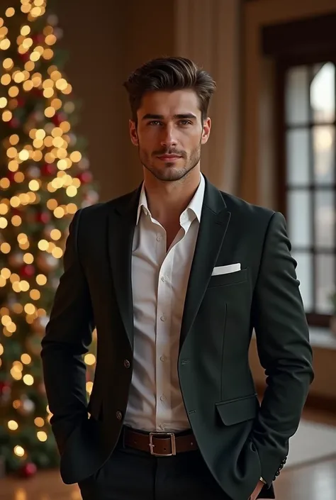   A handsome man Delgado   . 
Hegemonic   , casual, young, European, Luxury house , half smile.  Christmas decorations  
