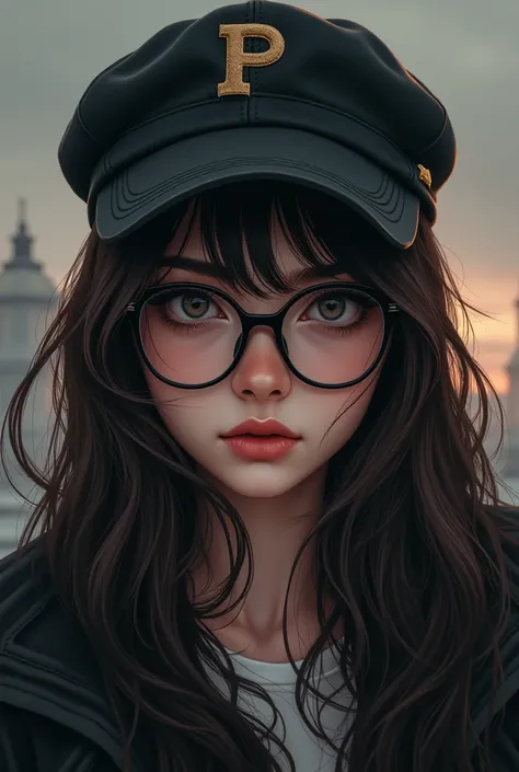  Beautiful dark girl with brown hair long hair,  
With glasses cap up from Patras and anime 

