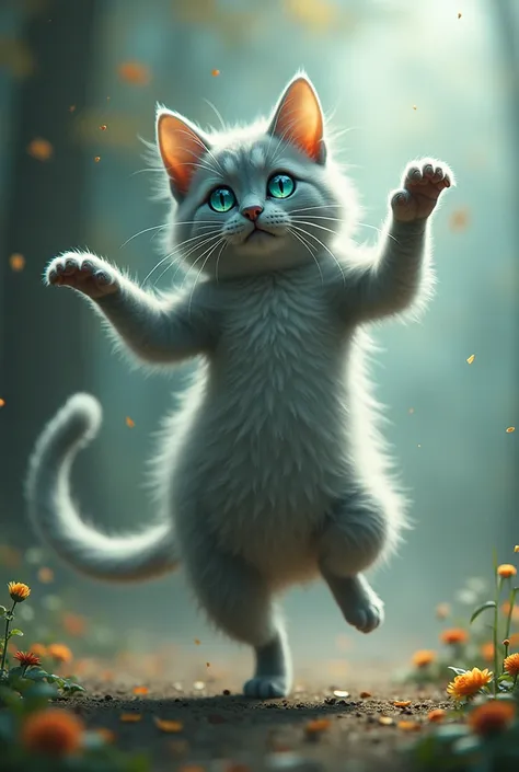 A Grey Cat with one blue Eye AND one green Eye dancing