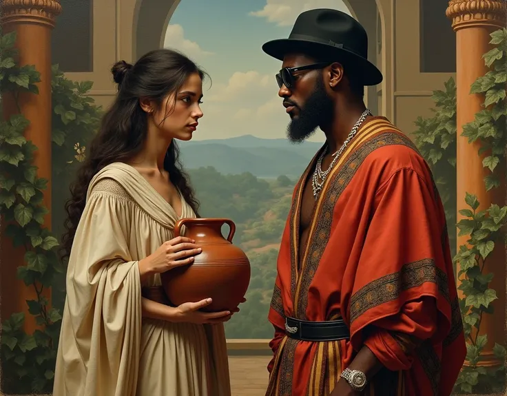 Renaissance painting A girl in ancient clothes with a clay jug talks to a modern-dressed guy in bright rap clothes a guy wearing a black cap and black sunglasses