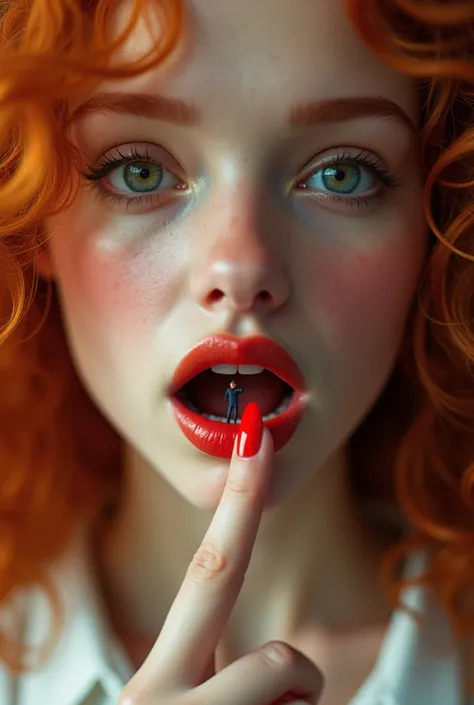  girl in her 20s fitness model ,  green eyes 0 .8, convex forehead ,  long red curly hair,  appearance slightly doll-like 1 layer , girls lips , the mouth is invitingly open ,  bright lipstick,    index finger with a red manicure in front of the lips won t...