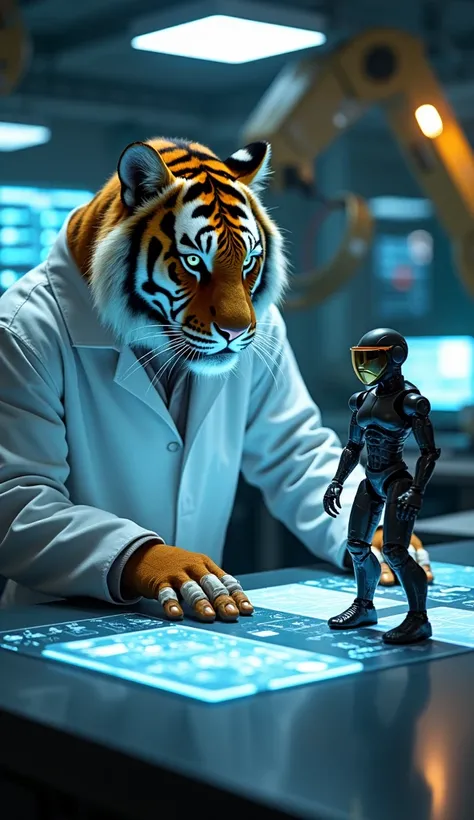 "Create an ultra-realistic, 8k quality image of a hybrid Bengal tiger-human scientist in a futuristic laboratory, working on a cutting-edge robotic creation. The scientist has a human body with the head of a Bengal tiger, fierce eyes, and a focused express...