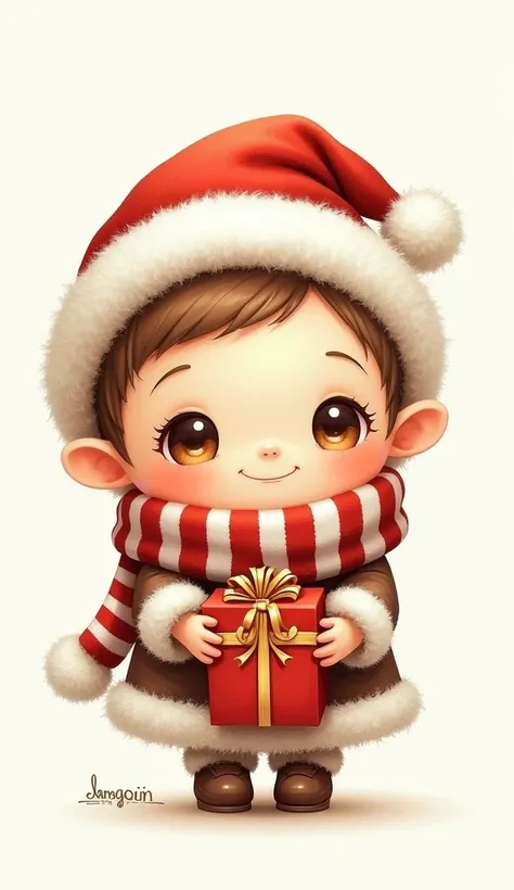 A cute MINI BOI with Christmas hat ,  horizontal striped red and white scarf and gift box
