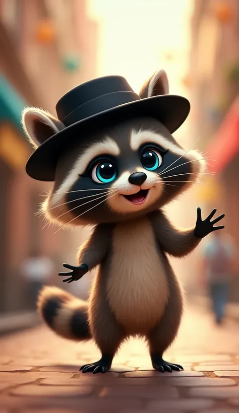 Blue-eyed Disney Pixar-style character who is a cute and cuddly raccoon who is standing up to move him dancing with a black hat