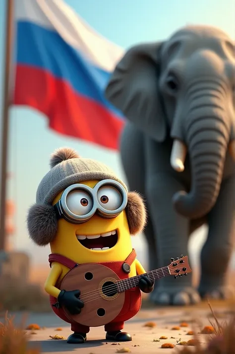 A minion with a balalaika and a hat with earflaps stands next to an elephant and the Russian flag