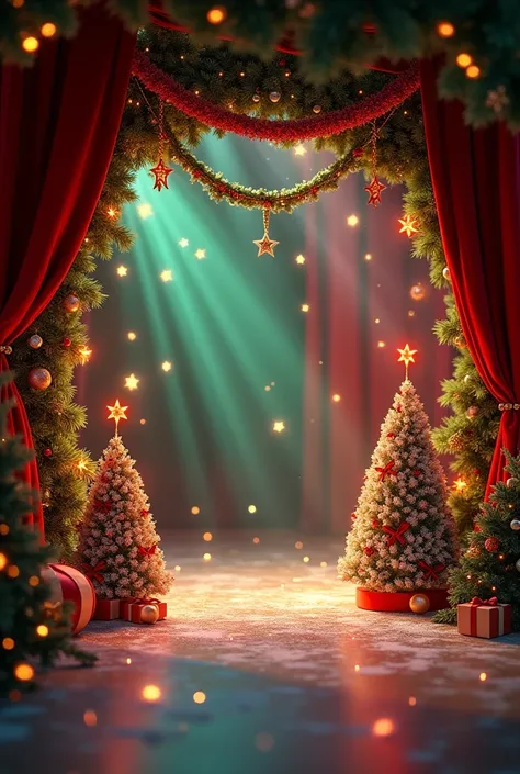  Merry Christmas with backstage ,  garlands ,  little trees ,  stars with Christmas colors . HD and 4D 
