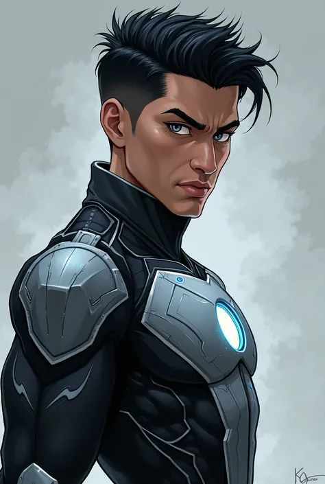 ‏Hair: Short, jet-black with a neat and clean-cut style, adding to his sharp, futuristic look.
‏	•	Eyes: Bright steel-gray with shimmering metallic flecks that intensify when he uses his powers.
‏	•	Height: 6’0”
‏	•	Build: Lean and athletic, with a wiry fr...