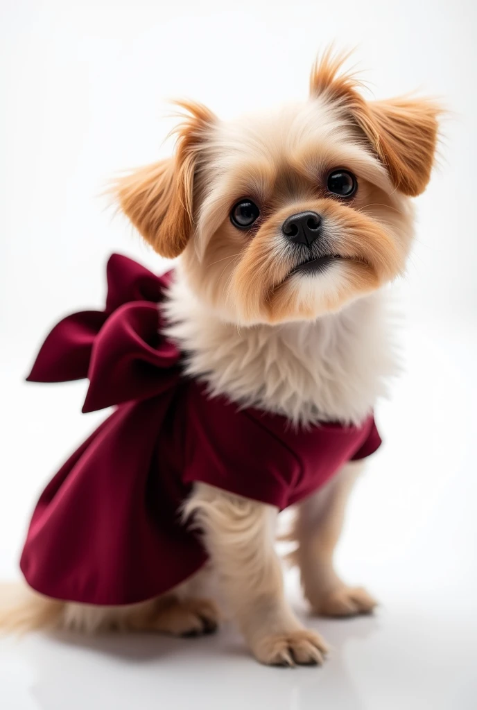 A small dog wearing a festive burgundy mini bandeau dress with a large bow on the back, styled for a New Year celebration. Elegant textures, realistic fur, and detailed fabric. The dog has a cheerful and calm expression. Bright studio lighting, clean white...