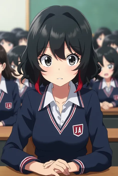 Screenshot of the My hero Academia style .
 Girl with wavy black hair with short red hair tips,  has dull gray eyes and has a neutral expression .  wears the UA uniform  ,  in the background she has a UA school class and is sitting at a table 