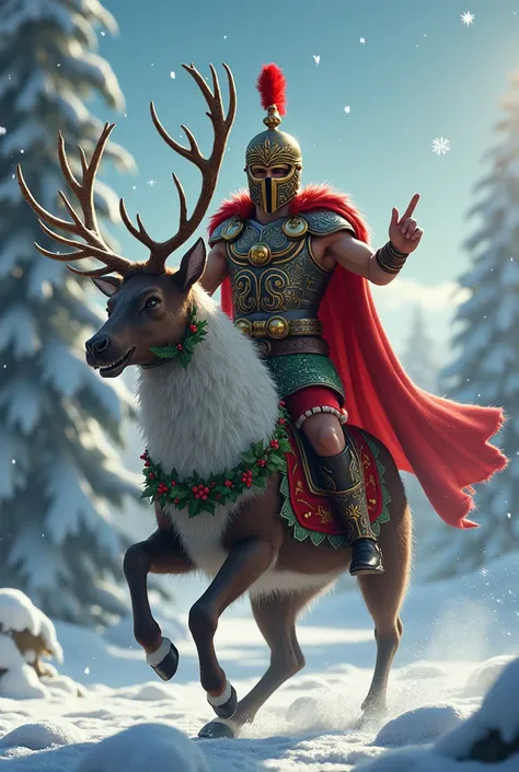  Create a Christmas-type Gladiator who rides a reindeer, doing the battle gesture 