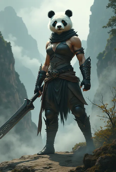 A female mascular human warrior with panda face and a weopan