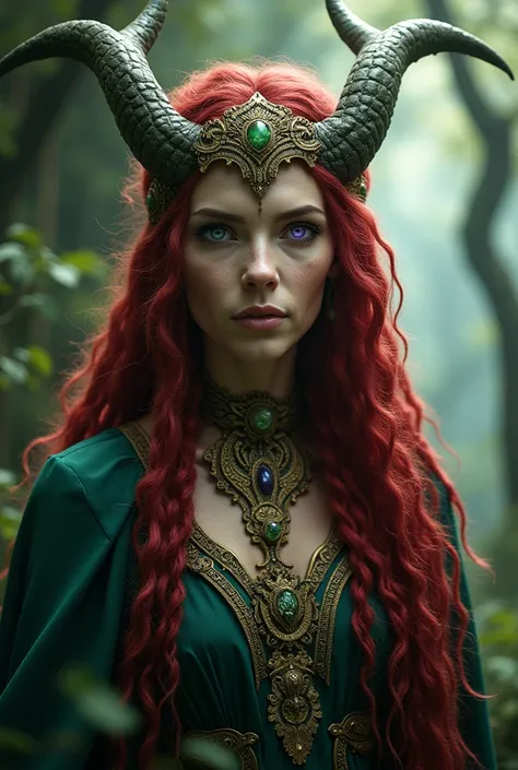  female Druid elf queen looking 60 years old with blood-red hair filled with huge dreads, Violet-purple eyes with these green and gold  