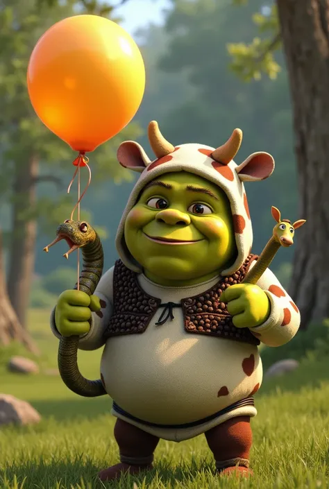 A Sherk ,  dressed as a cow holding a snake balloon 