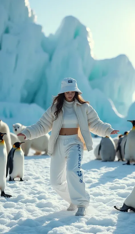 Arctic、A beautiful girl with excellent style is wearing gear and a bucket hat from an unknown sports manufacturer、  dancing breakdancing in front of them and forming a circle  、 Surreal Photography 。Theres a boombox in the corner  。 White Christmas,  An en...