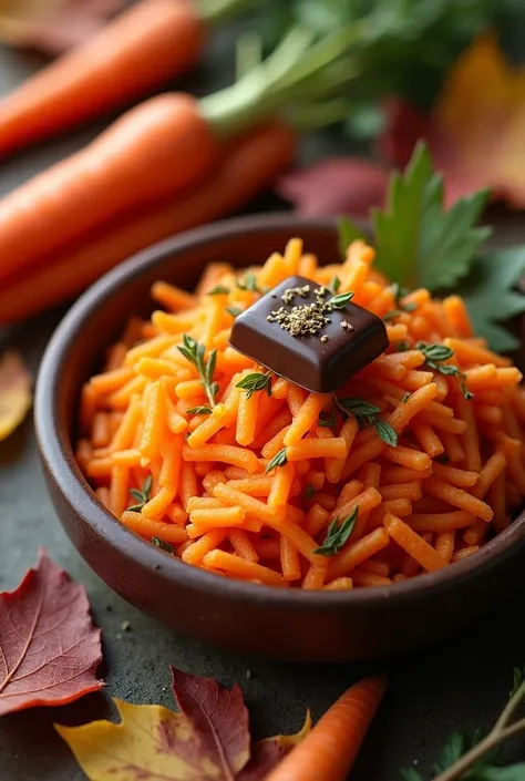 A hot plate of grated carrots with garden herbs on a carpet of plane tree leaves with a chocolate finger for Christmas