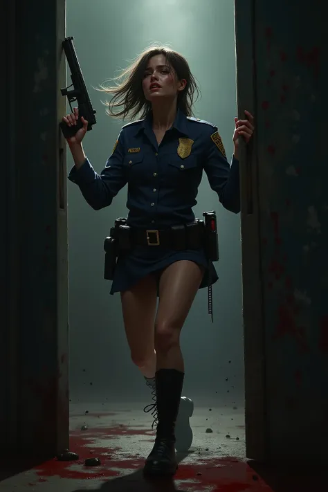 Caucasian police officer girl lifting her short skirt, pantyhose, agony, gun, falling back, panties, blood, dirty, dangerous look