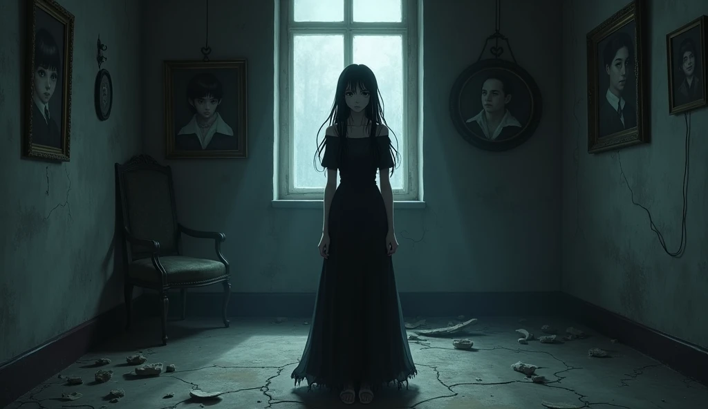 Description for the Image
Setting: A dark, desolate room, with cracked walls and an eerie, cold atmosphere. The only light comes from a distant window, casting long, muted shadows across the floor.
Character: Elara stands in the center, her expression cold...