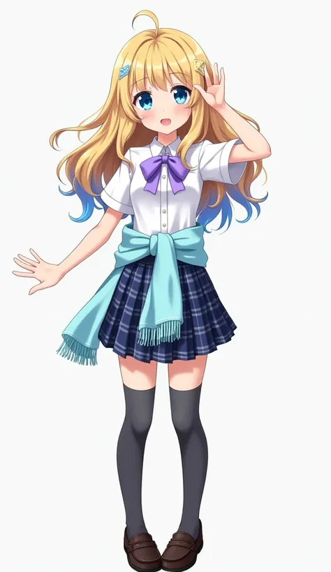  The anime girl has a youthful appearance and energetic ,  with a distinctive style that combines traditional and modern elements .  She wears a school uniform consisting of a fitted white blouse with a lavender bow on the chest and a short plaid skirt in ...