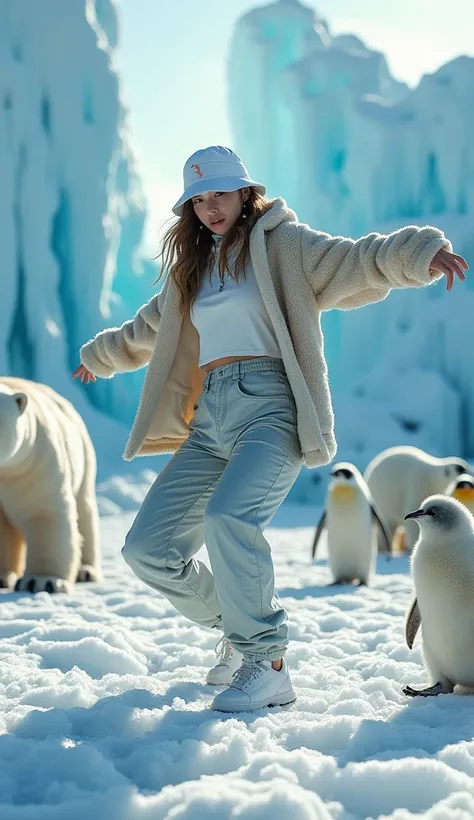 Arctic、A beautiful girl with excellent style is wearing gear and a bucket hat from an unknown sports manufacturer、  dancing breakdancing in front of them and forming a circle  、 Surreal Photography 。Theres a boombox in the corner  。 White Christmas,  An en...