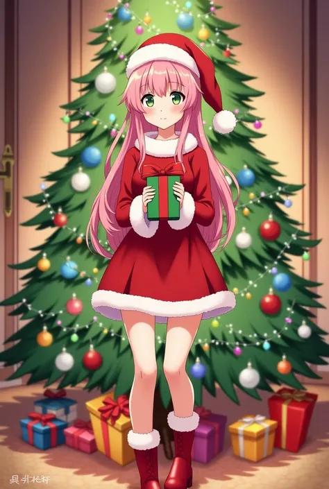  Zero Two anime reference Darling in the franxx beautiful adult woman sexy anime smiling green eyes loose long pink hair , Santa Claus red and white dress red Christmas hat red boots ,  with a gift in her hands in front of the Christmas pine tree of her de...