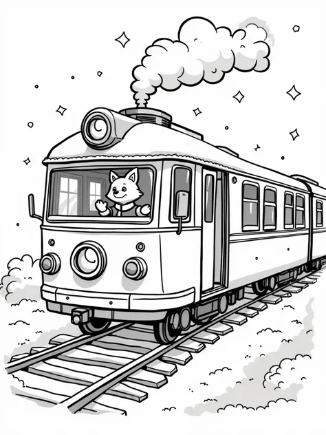 cute simple hand drawn drawing coloring page of the interior scene of a very cute comfy and cozy scene, where A train conductor fox dressed in a red Santa coat, waving from the snow-covered Cozy Express.., background is white with black outlines only. Ther...