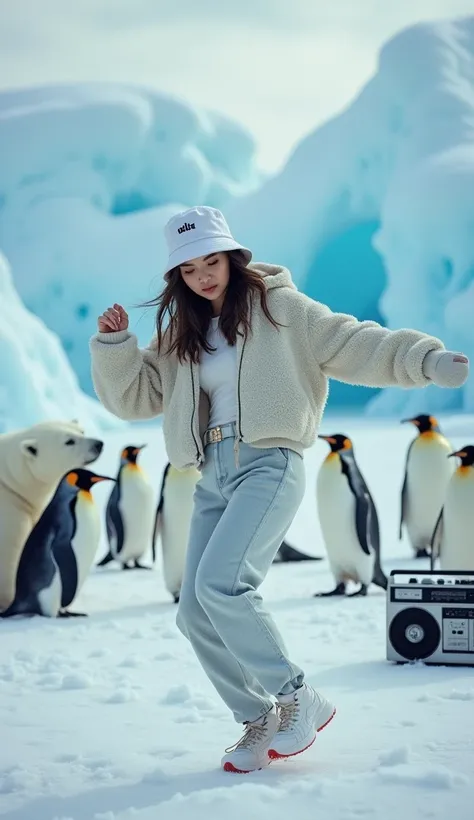 Arctic、A beautiful girl with excellent style is wearing gear and a bucket hat from an unknown sports manufacturer、  dancing breakdancing in front of them and forming a circle  、 Surreal Photography 。Theres a boombox in the corner  。 White Christmas,  An en...