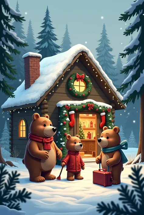 3 bears in a small cabin getting ready for a trip and the house is decorated for Christmas its snowing and theyre in a forest