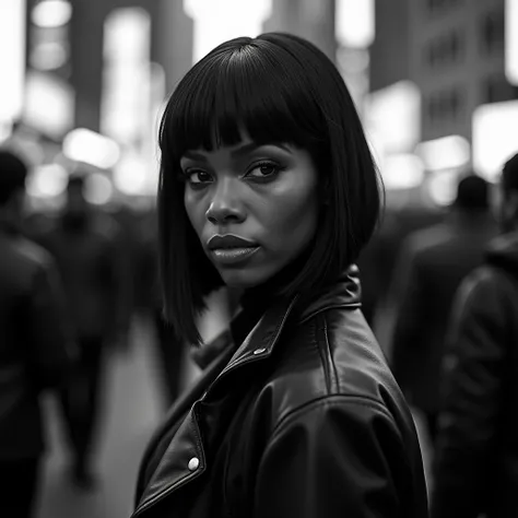 black and white close up cinematic photography of a beautiful black woman, short straight hair, sexy and sculpted body, beautiful breasts, wearing leather clothing, walking down a well-lit and busy street in New York City, dystopian science fiction