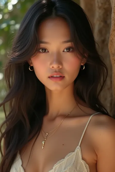 Une belle fille, asiatique, début vingtaine, cheveux très longs, bronzée, style hippie/bohème, sexy 