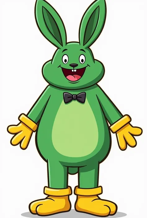 A cartoon mascot drawing cardboard cutout, green giant rabbit mascot, with long yellow arms and hands and yellow feet, one of the feet worn out, black bow tie, and long green ears, deformed red happy mouth, green belly.