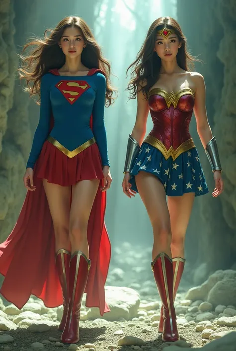  live-action、    2 Japanese superheroines   、   supergirl on the right    、    on the left   、  smile、    muscular、      cute Japanese supergirl in her 20s  、 her foot has become a stone  、 (   unrealistic)、(    perfect costume for supergirl    、    emblem...