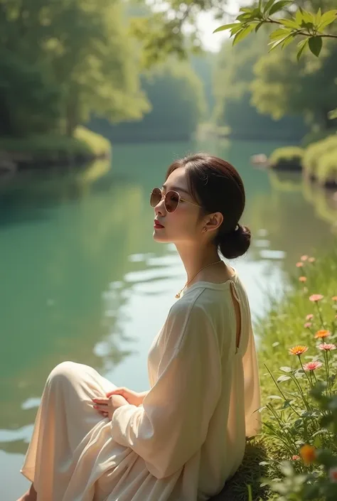 Asian woman wearing sunglasses sitting on the edge of a river