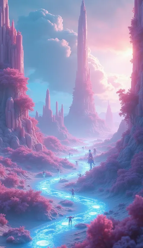 Alien landscape of Nebula Prime,silicon-based ecosystem,bioluminescent quantum crystal terrain,floating six-legged creatures,telepathic beings with collective consciousness,soft pastel atmosphere with iridescent sky,advanced organic technology,living light...