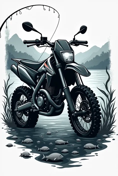  Create logo image for bikers ,  with a black and white all-terrain motorcycle and a fishing rod and with the bottom of the sea and mountains.
Adding the phrase : Eddi Jimenez  