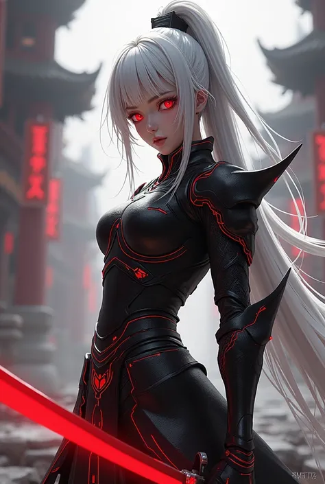  anime style,  white hair,  long hair, Ojos rojos, red katana ,  modern armor 