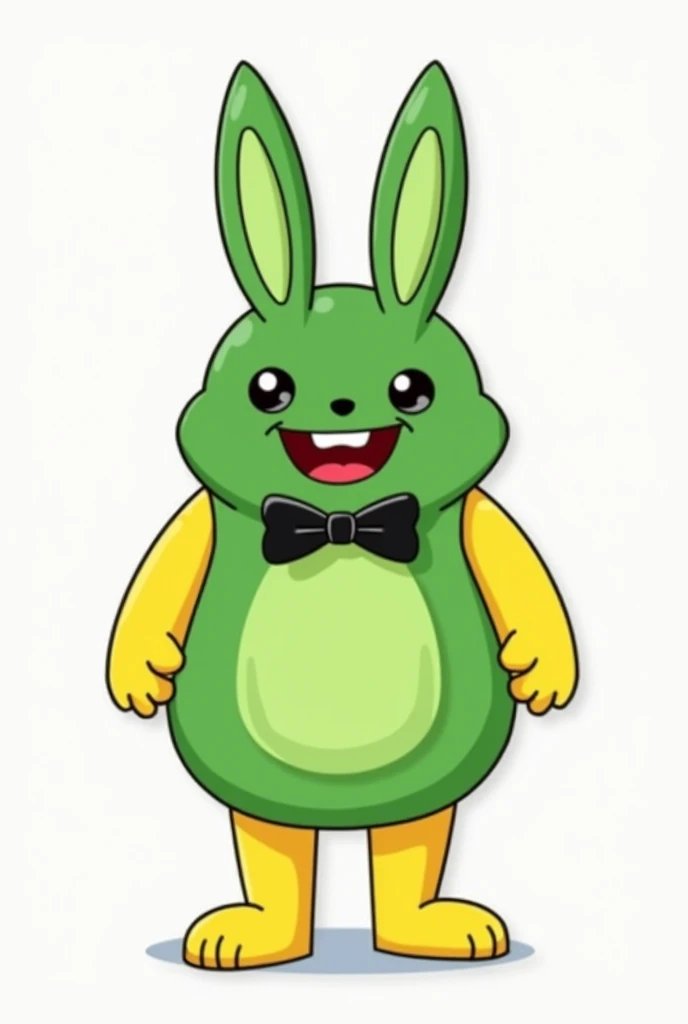 A mascot simple drawing cardboard cutout, green giant rabbit mascot, with long yellow arms and hands and yellow feet, one of the feet worn out, black bow tie, and long green ears, deformed red happy mouth, green belly.