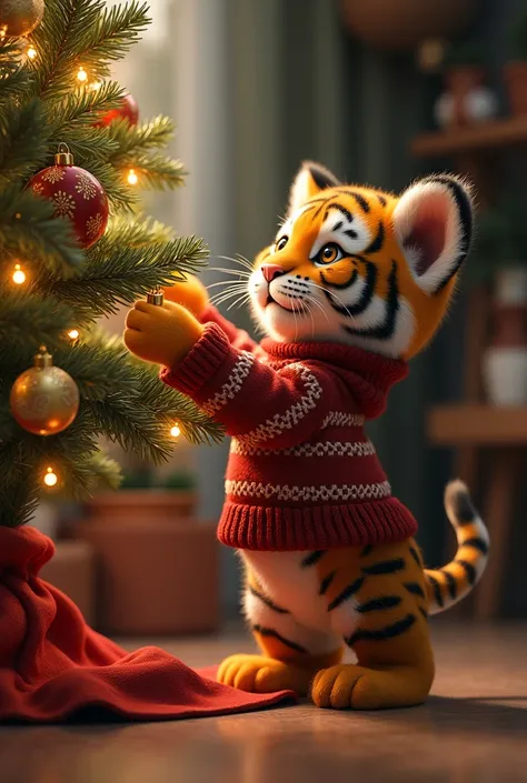 (( masterpiece ,  highest quality,  highest quality de imagem,  high resolution,  photorealistic , foto RAW,  extremely detailed CG 8k unified wallpaper)), MIMI TIGER CUB with sweater fasten ornaments to a Christmas tree,