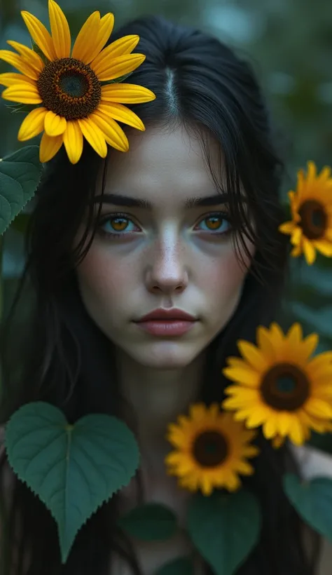 Sunflowers are reflected in the eyes of a beautiful woman in the very realistic gloomy nature 